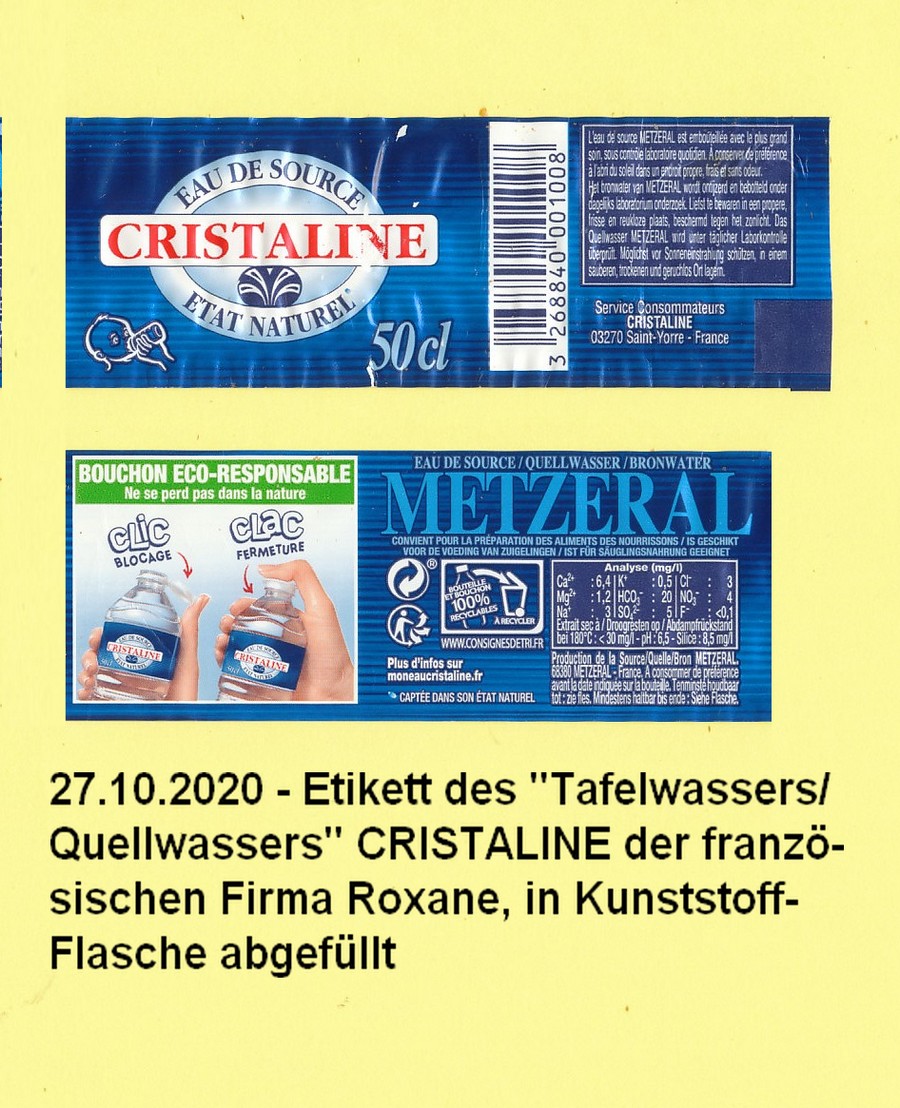 Etikett, Quellwasser Cristaline, in Rilchingen abgefüllt, Okt.2020