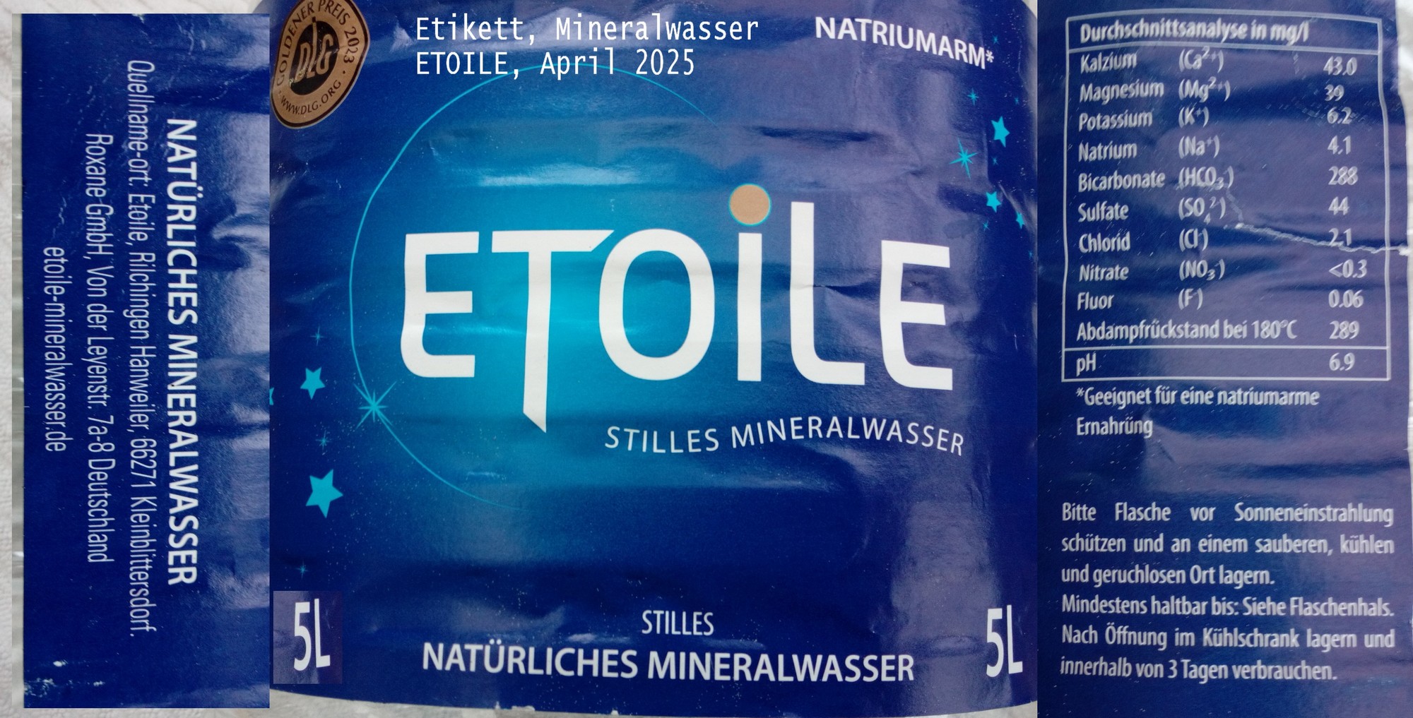Kunststofflasche, Mineralwasseretikett Etoile, abgefuellt in Rilchingen, Okt.2025
