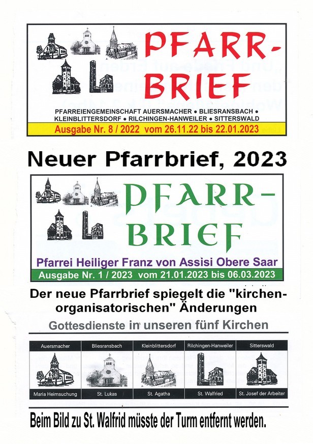 Neuer Pfarrbrief 2023 nach Gruendung der Pfarrei Heiliger Franz von Assisi Obere Saar, 2023