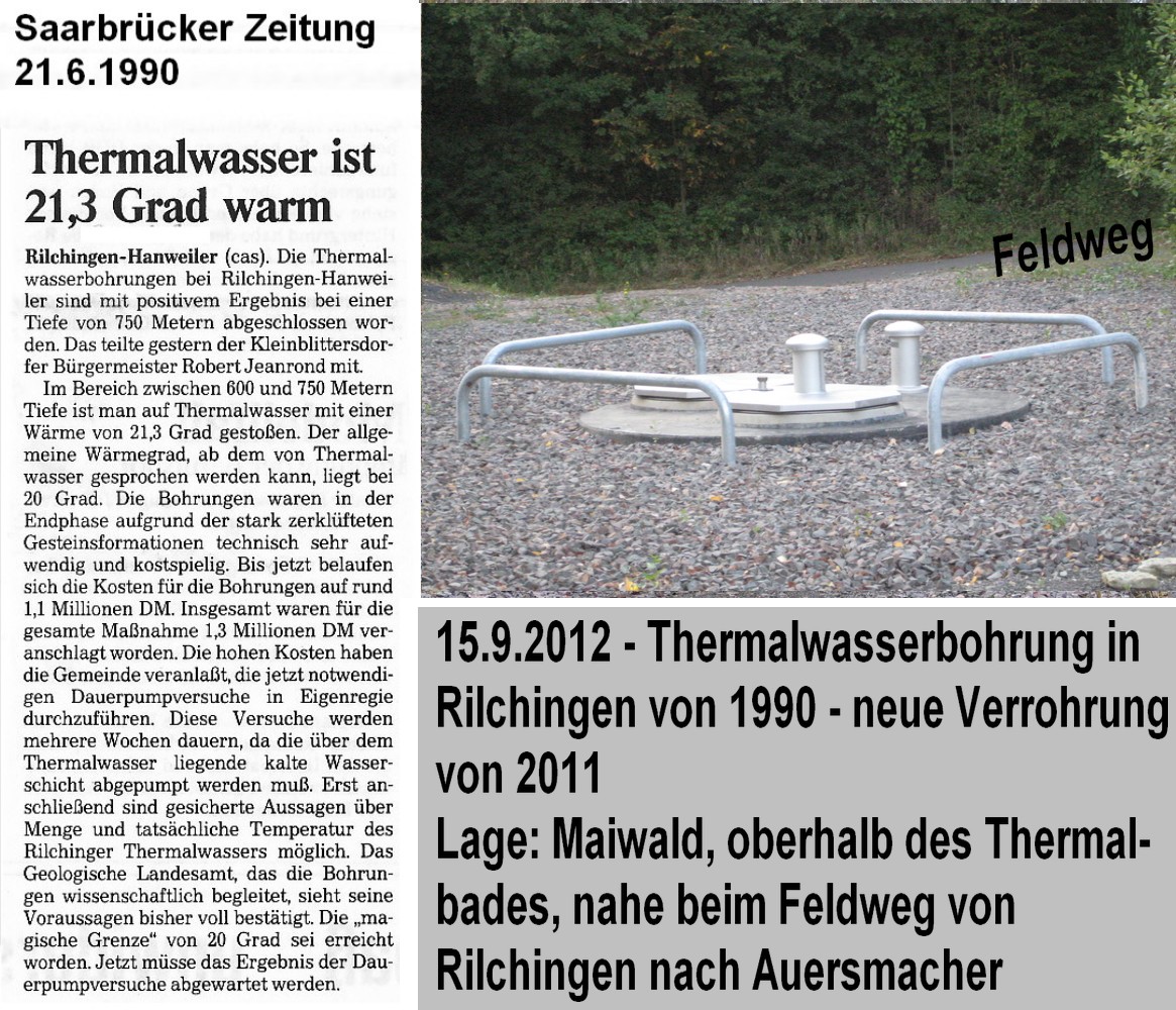 Zeitungsartikel u. Foto, Bohrung nach Sole bzw. Thermalwasser in Rilchingen, Maiwald