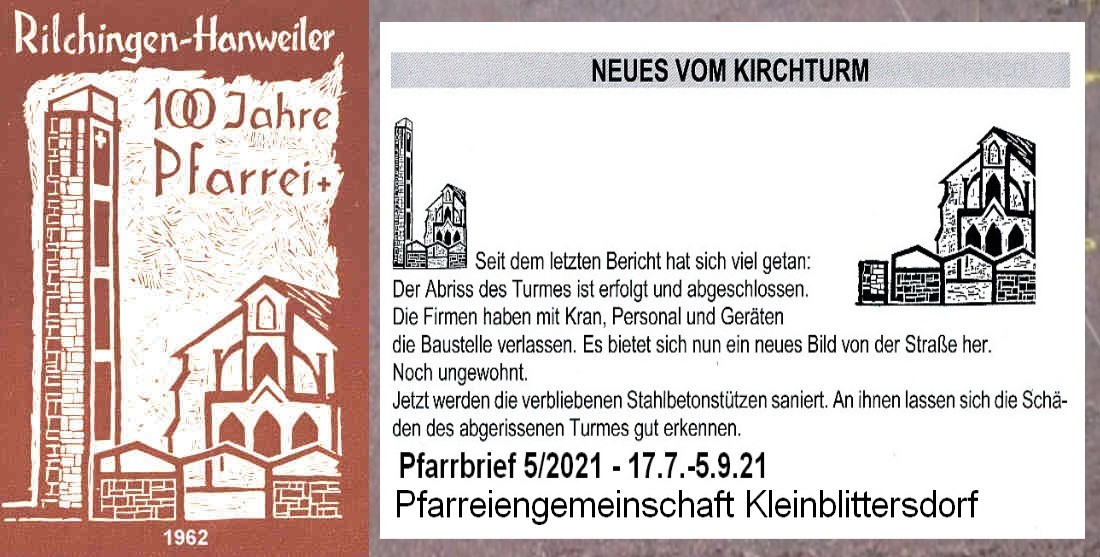 Zeichnung, katholische Kirche, Hanweiler, 1962 und 2021,mit u.ohne Turm