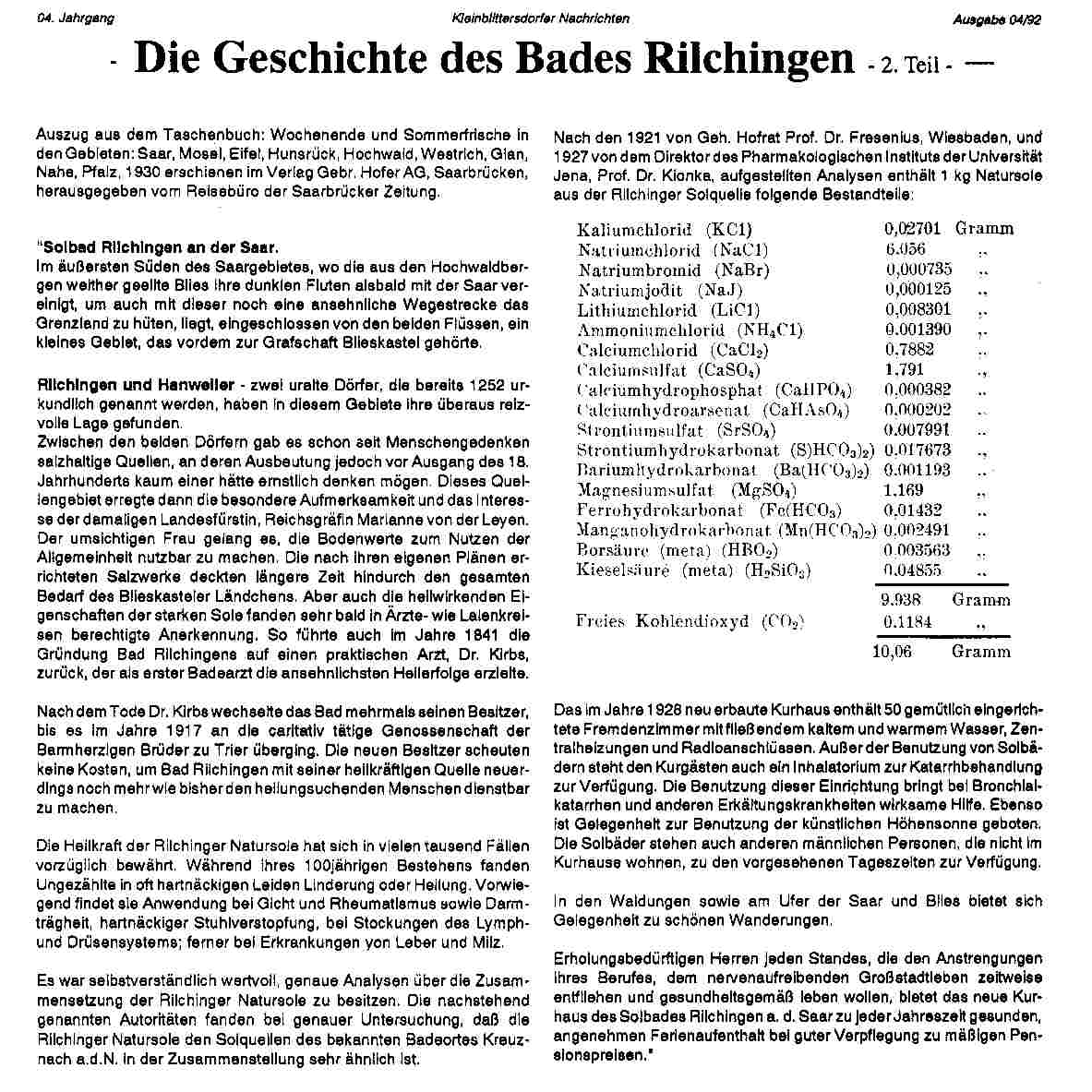 Kurbad Rilchingen, aus einem Reisefuehrer ueber Rilchingen und die Barmherzigen Brueder