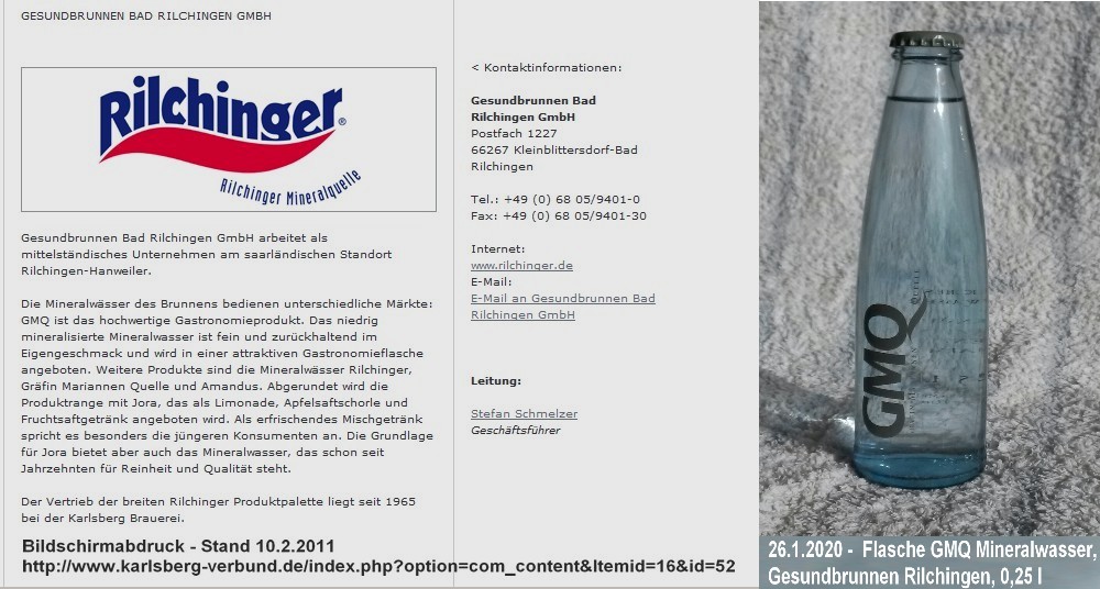 Bildschirmfoto - Firma Rilchinger im Karlsberg-Verbund - 2/2011 / GMQ-(Graefin-Mariannen-Quelle)Mineralwasser, Jan.2020