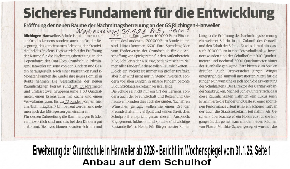Zeitungsbericht, Erweiterung Grundschule Hanweiler,Anfang 2026, Bau zur Nachmittagsbetreuung